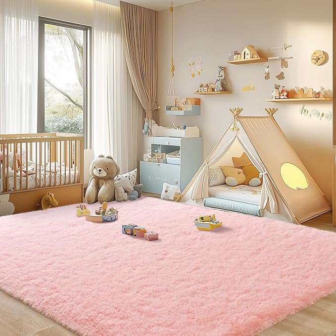 Modern Soft Fluffy Small Shaggy Rug for Bedroom Livingroom Dorm Kids Room Indoor Home Decorative, Non-Slip Plush Furry Fur Area Rugs Comfy Nursery Accent Floor Carpet 5X7 Feet,Pink