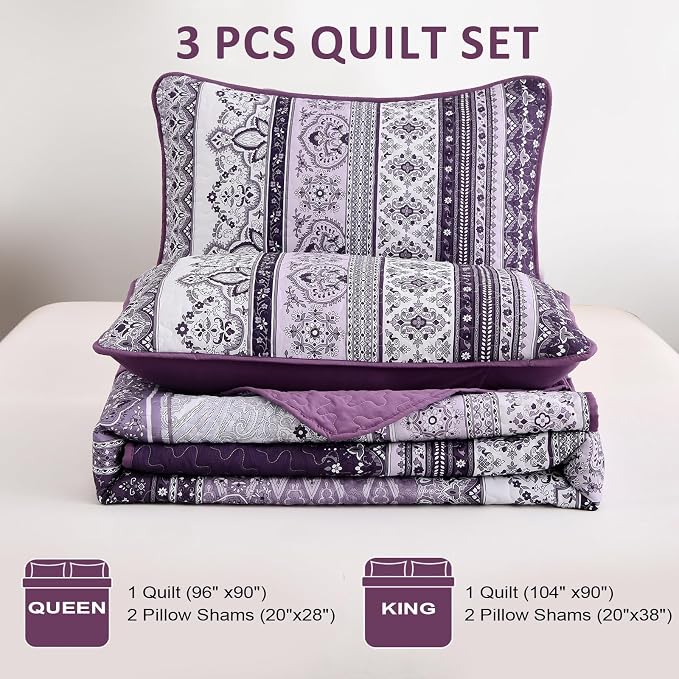 WONGS BEDDING Boho Quilt Queen Size,3 Pcs Purple Bedspread Bedding Set | Colorful Bohemian Striped Printed Bedding for All Season, Lightweight Microfiber Coverlet Set with 2 Pillowcases(96"x90")