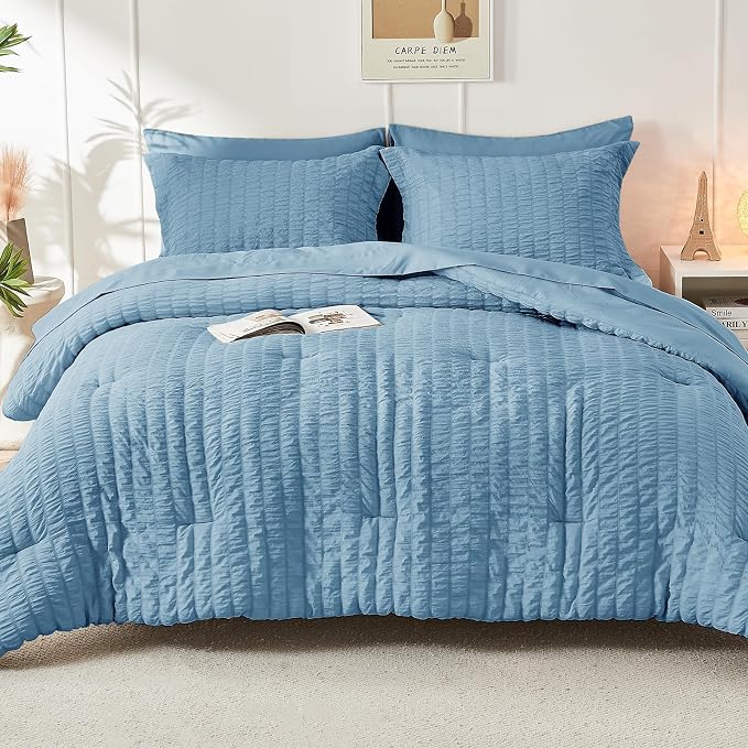 HYMOKEGE Mineral Blue Oversized Queen Comforter Set Seersucker 7 Pieces, All Season Luxury Bed in a Bag for Bedroom, Bedding Set with Comforter, Sheets, Pillowcases & Shams
