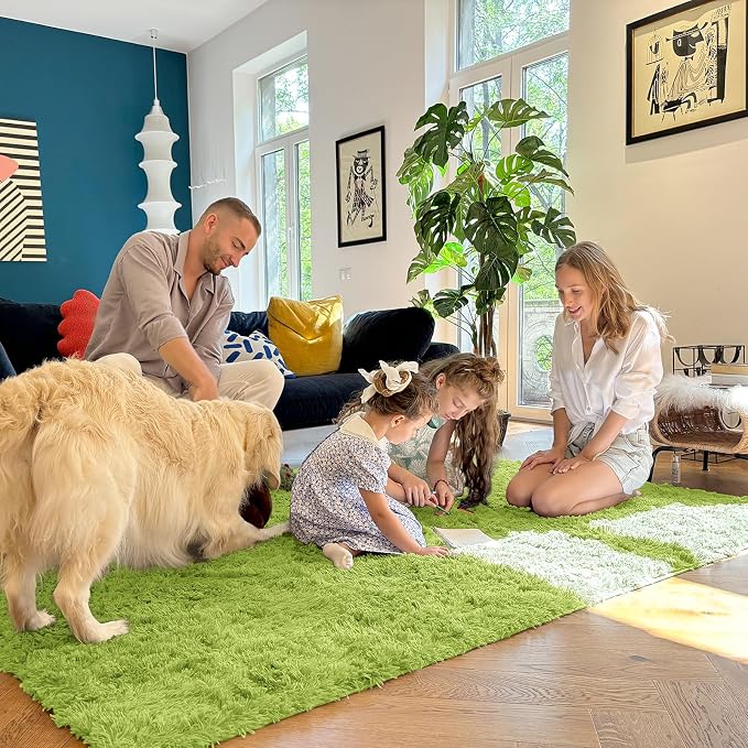 OLANLY 8x10 Machine Washable Large Area Rugs for Living Room, Bedroom, Soft Fluffy Shaggy Bedside Rug, Indoor Floor Carpet for Kids Girls and Boys, Dorms, Nursery, Home Decor Aesthetic, Grass Green