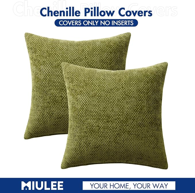 MIULEE Decorative Couch Throw Pillow Covers 20x20 Inch Olive 2 Pack | Modern Boho Accent, Soft Chenille Pillow Covers, Farmhouse Cushion Cases for Home Decor Bed Sofa Living Room