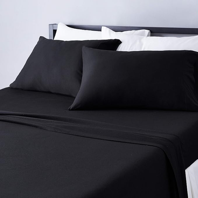 Amazon Basics 4 Piece Breathable Cotton Jersey Bed Sheet Set, Stretchy Flat and Fitted Sheets with Pillowcase, Queen, Black, Solid