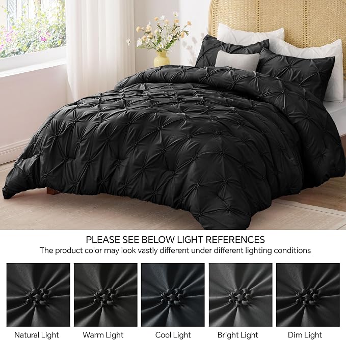 BEDELITE Queen Comforter Set Black,Lightweight & Soft Comforter | Pintuck Boho Bedding, Warm & Cute Bed Set for All Season,With 2 Pillowcases