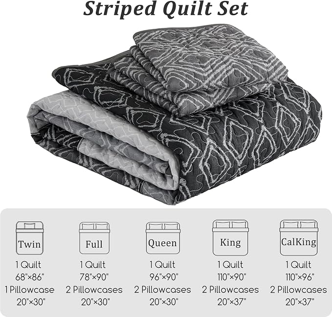 Cottolester Full Size Quilt,3 Pcs Black White Grey Striped Bedspread | Summer Lightweight Coverlets Set for Men Women,Soft Microfiber Patchwork Quilt Bedding Sets for All Seasons 78"x90"