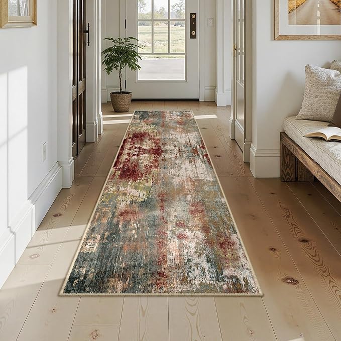 RELEANY Washable Runner 2'x9' Abstract Area Rug for Hallway Rustic Brown | Carpet for Kitchen, Entryway, Bathroom, Living Room, Bedroom, Printed Pattern, Non‑Slip, Soft, Stain‑Resistant, Easy to Clean
