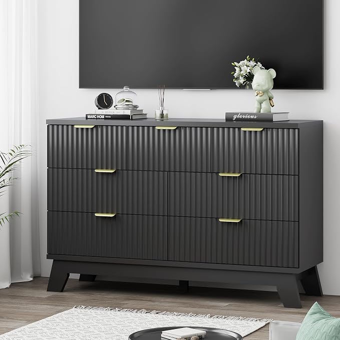 Xixini Fluted Dresser for Bedroom with 7 Drawers, 48" Wide Chest of Drawers with Metal Handle, Modern Wood Dresser TV Stand, Wooden Closet Clothes Storage Organizer for Living Room, Hallway, Black