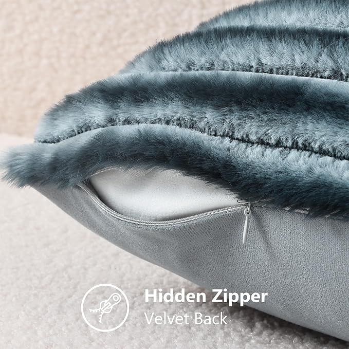 decorUhome Fall Faux Fur Throw Pillow Covers 16x16 Set of 2 Blue Grey | Decorative Soft Cozy Striped Plush Modern Farmhouse Boho Couch Pillow Cases Velvet Back for Sofa Bed Living Room Home Decor