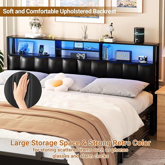 Aheaplus Headboard for King Size Bed with Storage, Upholstered Headboards | with Outlets, USB Ports and LED Light, Reversible King Size Head Board, Height Adjustable, Comfortable Headboard, Black