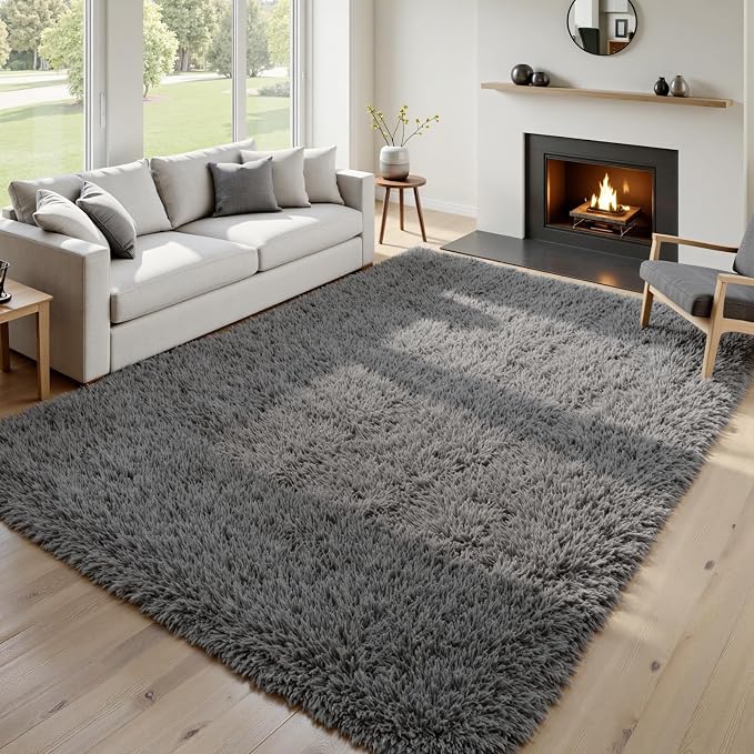 6x9 Fluffy Shag Area Rugs for Living Room Bedroom: Soft Plush Carpet Grey | Upgraded Non-Slip Thick Memory Foam, Ultra Soft, Non-Shedding Fuzzy Carpet, Easy Clean Decor for Kids Room, Nursery, Playroom