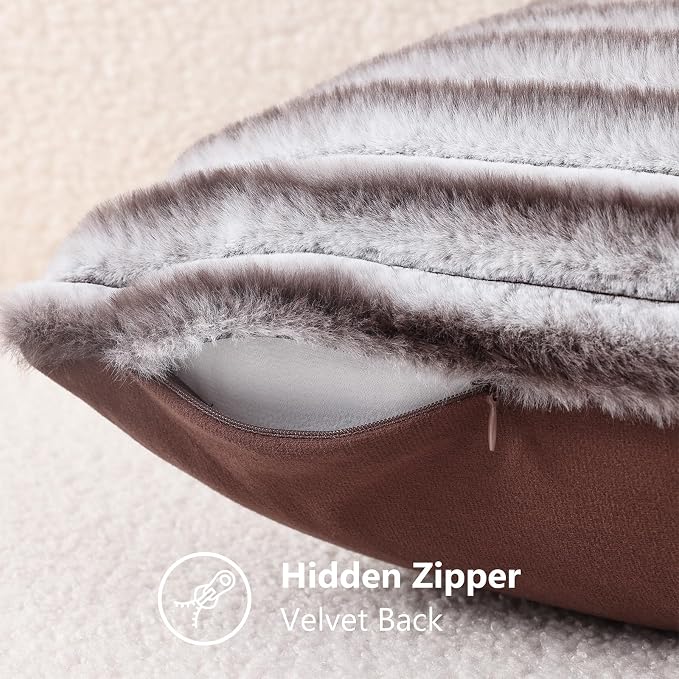 decorUhome Fall Faux Fur Throw Pillow Covers 12x20 Set of 2 Brown White | Decorative Soft Cozy Striped Plush Modern Farmhouse Boho Couch Pillow Cases Velvet Back for Sofa Bed Living Room Home Decor