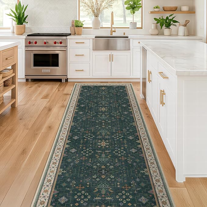 Vintage Dark Green 2x10 Hallway Runner Rug - Modern Boho Eclectic Floral Pastel, Washable Low Pile Non-Slip Extra Long Runner Rugs for Kitchen, Bedroom