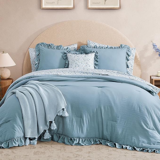 Oversized King Comforter Sets-7 Pieces Ruffle Bedding | Blue Bed in a Bag, Soft Lightweight All Season Farmhouse King Size Bedding Sets with Floral Sheets, Pillowcases & Shams