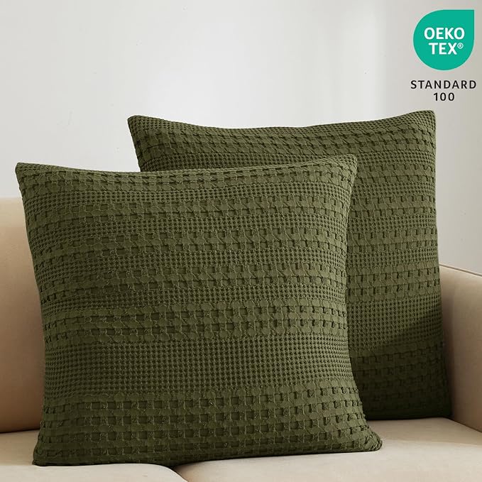 PHF 100% Cotton Waffle Weave Euro Sham Covers, 2 Pack 26" x 26" Bed Pillow Covers for Elegant Home Decor, No Filling, Luxury Aesthetic Soft Euro Pillow Cases for Bed, Capulet Olive