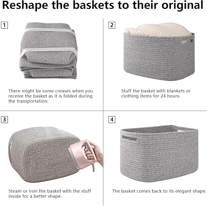 OIAHOMY 4 Pack Storage Baskets for Organizing 15L Cube Storage Bins Grey | Woven Baskets for Storage Rectangle Small Baskets With Handles Baskets for Shelves Wicker Baskets for Shelves 12.7x9x7.8inch