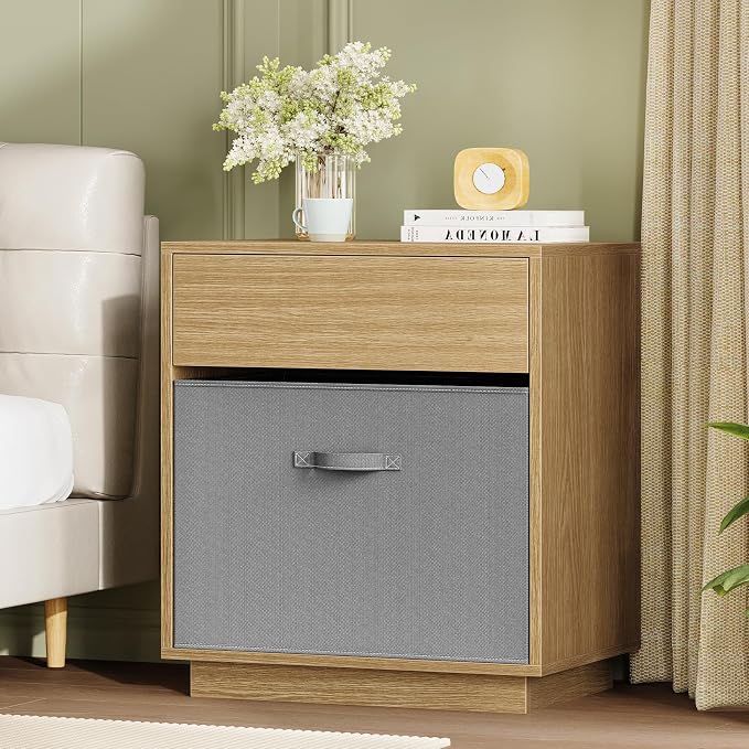TEENFON Nightstands Set of 2, Night Stand with Drawer, Nightstand with Metal Slide, Nightstands Bedside Table with Removable Fabric Drawer, Night Stands for Small Space, Bedroom, Natural