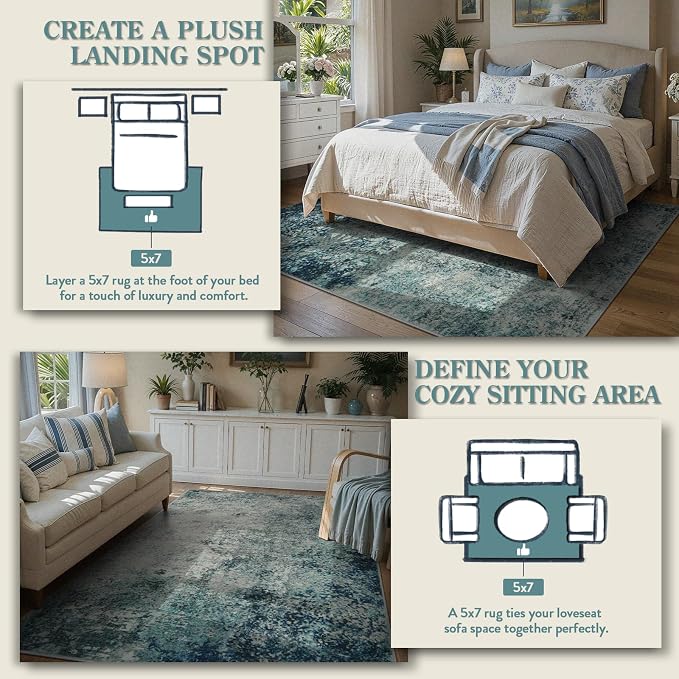 Lahome Modern Abstract Area Rug 5x7 Rugs for Living Room, Washable Accent Bedroom Rug Low Pile Non-Slip, Indoor Floor Contemporary Carpet for Kitchen Bathroom Laundry,Blue/Grey