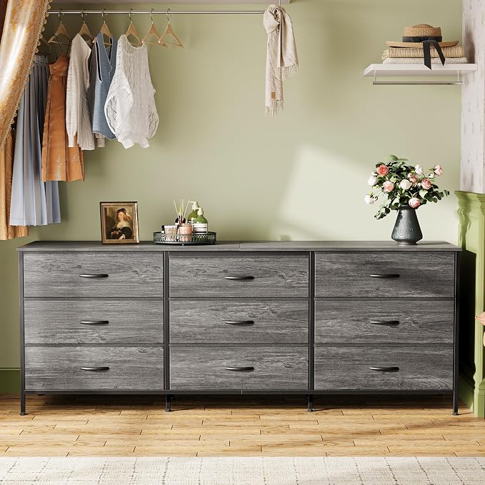 Huuger 63 Inch Dresser for Bedroom, Long Dresser for Closet with 9 Drawers, Large TV Stand for 55, 65, 70 Inch TV, Entertainment Center with Storage, Wide Chest of Drawers, Grey