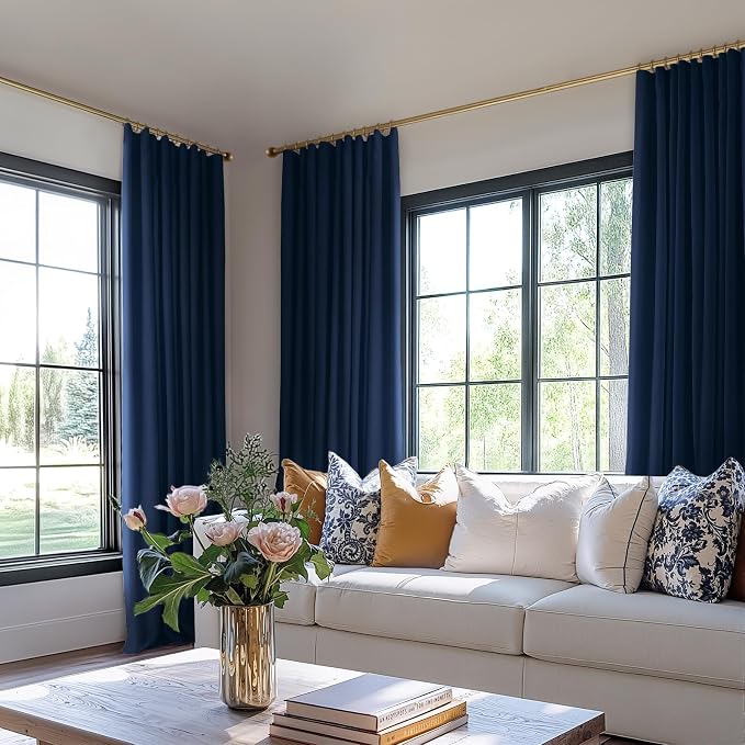 INOVADAY 100% Blackout Curtains for Bedroom Black Out Curtains 80 Inch Long | Midnight Blue Living Room Curtains 2 Panels, Clip Rings Linen Look Blackout Drapes, Thermal Insulated Room Darkening,W50xL80