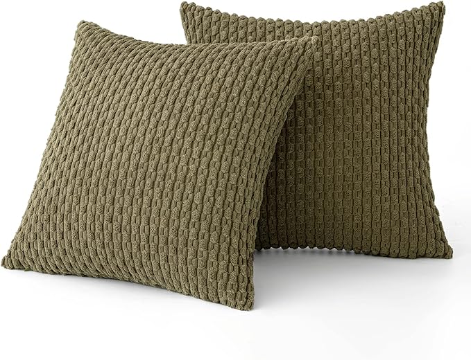 MIULEE Decorative Throw Pillow Covers 18x18 Olive Green Textured Corduroy | Pack of 2 Striped Pillow Covers Modern Farmhouse Coastal Home Decor for Couch Bed Sofa Living Room