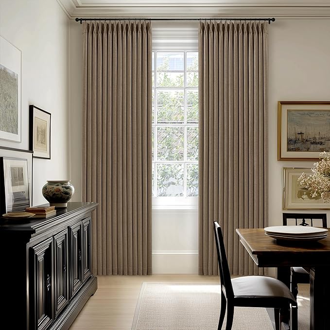 TWODRAPES Latte 80 Inch Pinch Pleated Linen Blackout Curtains for Living Room