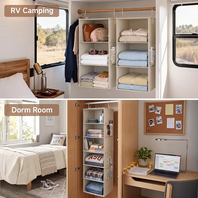 StorageWorks Hanging Closet Organizer, 6-Shelf with 2-in-1 Design, Ivory | Maximize Closet Space with Reinforced Shelves, Small Closet Storage Solution for Bedrooms, Dorms and RVs