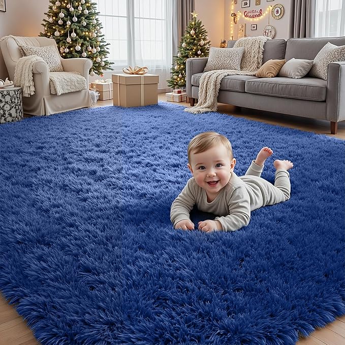 4x6 Fluffy Shag Area Rugs for Living Room Bedroom: Soft Plush Carpet Blue | Upgraded Non-Slip Thick Memory Foam, Ultra Soft, Non-Shedding Fuzzy Carpet, Easy Clean Decor for Kids Room, Nursery, Playroom