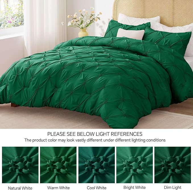 BEDELITE Queen Comforter Set Forest Green,Lightweight & Soft Comforter | Pintuck Boho Bedding, Warm & Cute Bed Set for All Season,With 2 Pillowcases