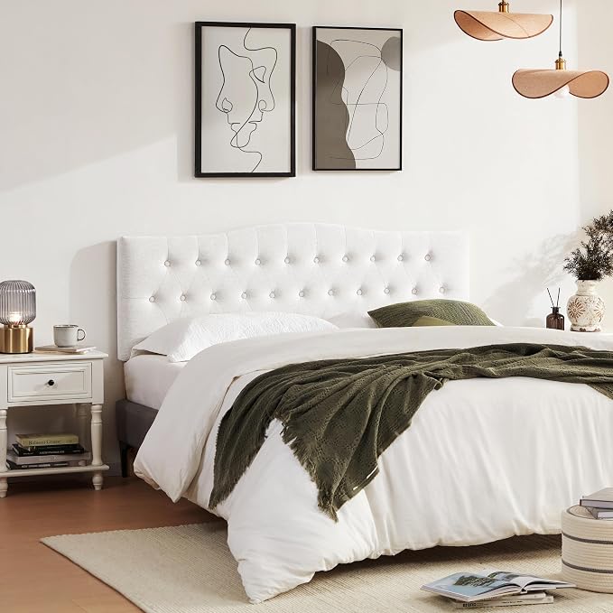Tufted Headboard Queen Size, Solid Wood Adjustable Height Head Board, White | Upholstered Queen Headboard Only with Durable Solid Wood Legs, Adjustable Height 37-51 in, Fabric Button Diamond HeadBoards