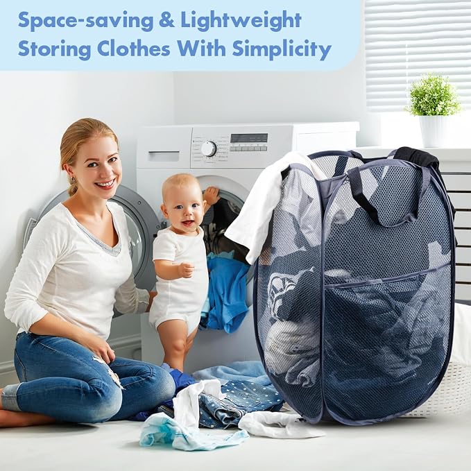 Pop Up Laundry Hamper, 70 L Collapsible Mesh Basket with Side Pocket, Blue | Reinforced handles, breathable fabric, foldable, portable for dorm college travel camping cruise, dirty clothes, toys storage