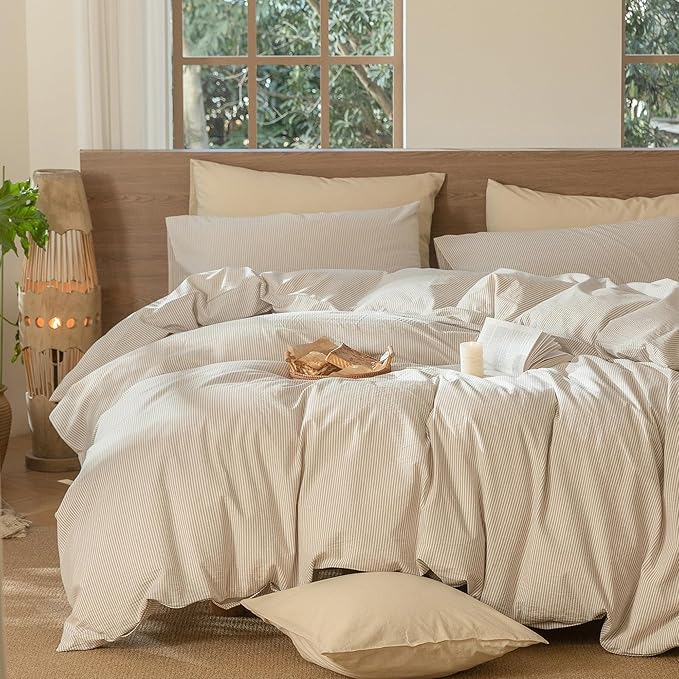 MooMee Striped Duvet Cover Set 100% Washed Cotton Linen Like | Relaxed Linen-like Texture. Soft, Breathable & Long-lasting Comfort. Lightweight. Hidden Zipper with 8 Interior Corner Ties