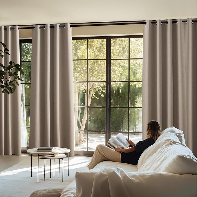 NICETOWN Vintage Faux Linen Weave Flax Thermal Curtains for Living Room, W52 x L96 in Per Panel, Set of 2, 100% Blackout Curtains for Bedroom, Window Treatments for Night Shift Workers, Taupe