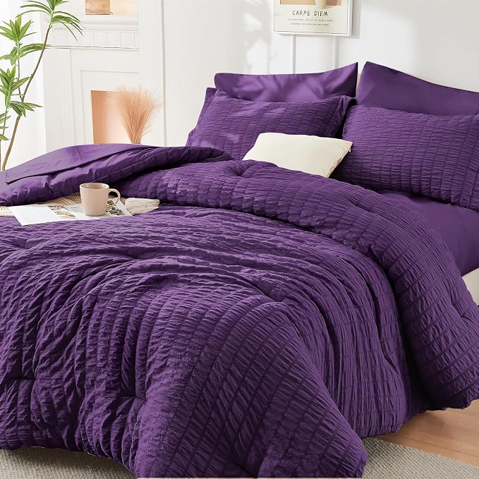 HYMOKEGE Dark Purple Twin XL Comforter Set Seersucker 5 Pieces, All Season Luxury Bed in a Bag for Bedroom, Bedding Set with Comforter, Sheets, Pillowcase & Sham