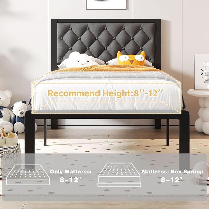 Fluest Twin Bed Frame with Headboard Linen Upholstered Bed Frame Platform,All Metal Slats Support Platform Bed Frame with Storage Space,Easy Assembly,Noise Free,No Box Spring Needed,Grey