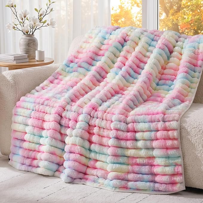 Fleece Weighted Blanket for Adults 60" x 80" 20lbs Striped Blankets,Rainbow | Soft Queen Size Sherpa Weighted Blankets with Glass Bead Filling, Plush 3D Striped Heavy Throw Blanket for Bed and Couch