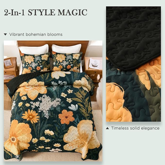 Andency California King Quilt, Cal King Oversized Green Floral Bedspread | 3 Pieces Golden Boho Summer Flower Botanical Summer Bedspreads with 2 Shams, Reversible Polyester for All Seasons, 112"x104"