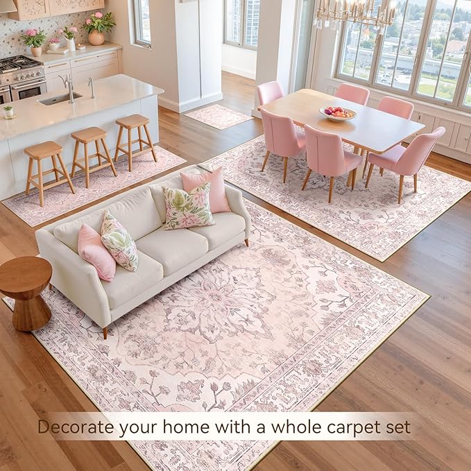 RELEANY Washable Area Rug, 6'x9', Pink | Non-Slip, Water Repellent, Pet Friendly, Easy to Clean, Vintage Floral Boho Decor for Living Room Bedroom Dining Room Office