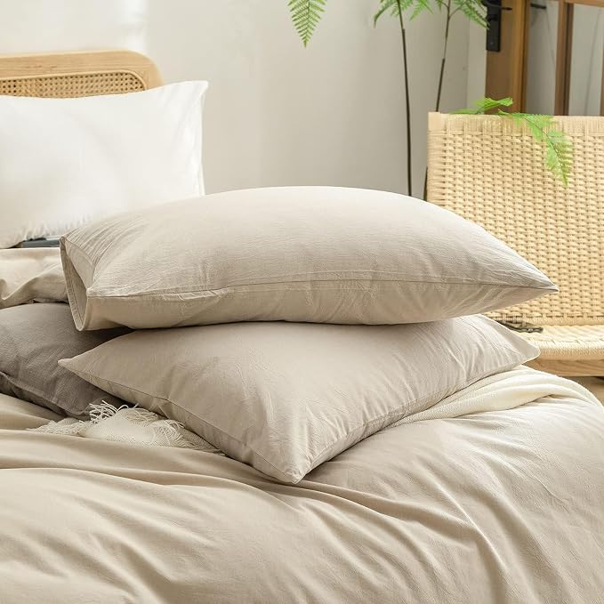 BESTOUCH Cotton Solid Duvet Cover Set Almond Milk Grey Oversized Full | 100% Washed Cotton, Soft Wrinkle Texture, Hidden Zipper, 8 Ties, Breathable Lightweight Durable Comfy, 3 Pcs No Insert
