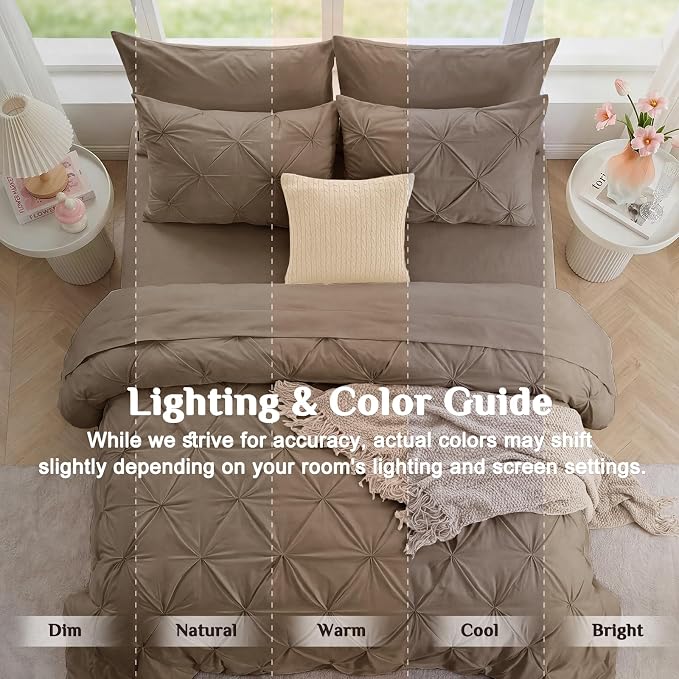 JOLLYVOGUE Queen Comforter Set 7 Pieces - Bed in a Bag Queen for All Season, Pintuck Bedding Comforter Sets with Comforter, Flat Sheet, Fitted Sheet and Pillowcases & Shams, Brown