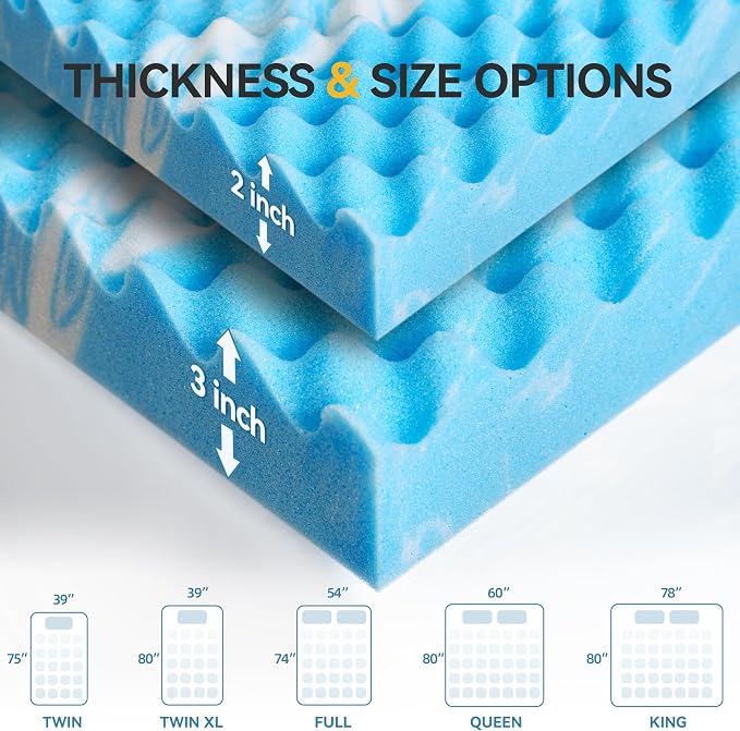 SINWEEK 2 Inch Egg Crate Memory Foam Mattress Topper Queen Size, Soft Mattress Pad for Back Pain Relief, Bed Topper, CertiPUR-US Certified, Blue