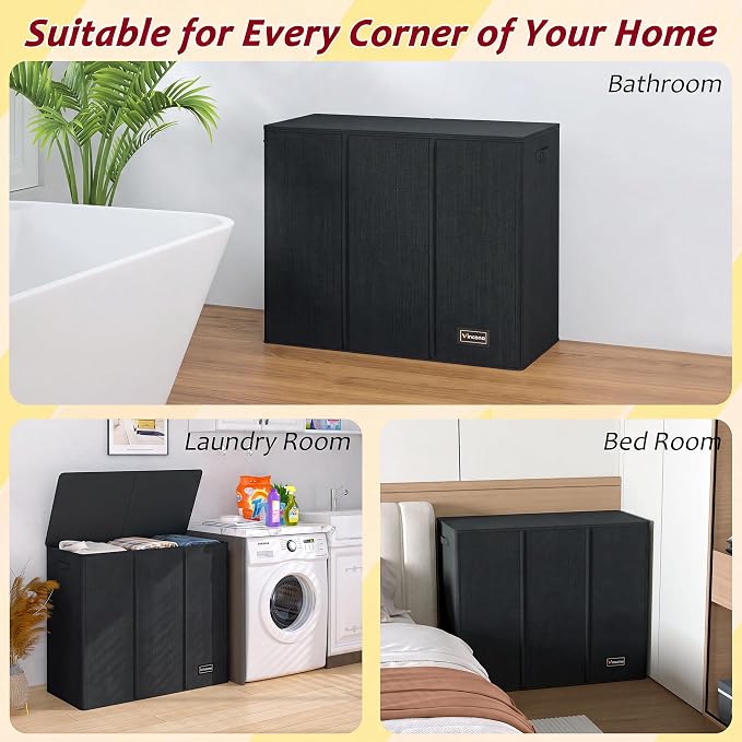 220L Laundry Hamper 3 Section,Large Laundry Hamper with Lid,Dirty Clothes Hamper with 3 Inner Bags,Collapsible Laundry Basket Organizer for Laundry Room,Bedroom,Laundry Sorter Hamper 3 Compartment