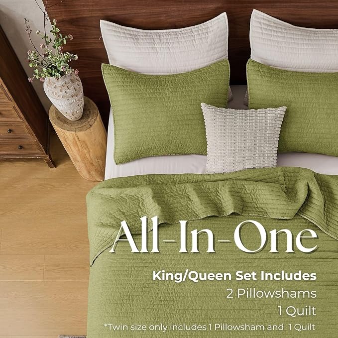 DOWN HOME Queen Quilt Bedding Set with Shams, Vintage Washed Soft Quilted Blanket Thin Comforter Lightweight Bedspread Coverlet Bed Cover, Brushed Microfiber Stripe Stitching, Golden Olive, 86"x90"