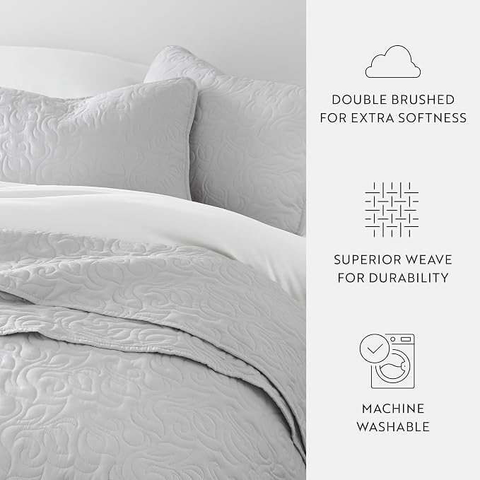 Merit Linens Modern Quilt Coverlet Soft Set in Floral Stitching - King/Cal-King Light Gray
