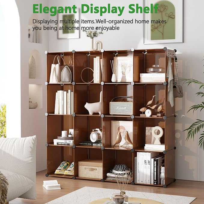 C&AHOME 16 Cube Storage Organizer Cube Shelves Units Storage Cubes, Brown | Plastic DIY Closet Organizer, Stackble Modular Closet Storage Shelves Ideal for Home, Bedroom, 48.4" L × 12.4" W × 48.4" H
