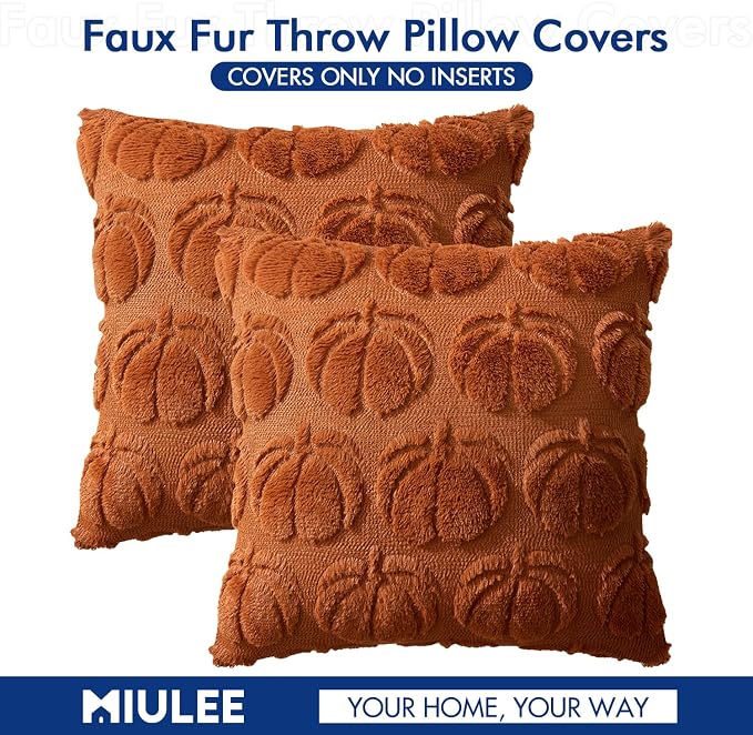 MIULEE Fall Pillow Covers Pumpkin Fall Decor 20x20 Dark Rust | Set of 2 Fall Decorations for Home, Plush Faux Fur Farmhouse Accent Pillowcases, Porch Sofa Couch Cushion Bed Livingroom