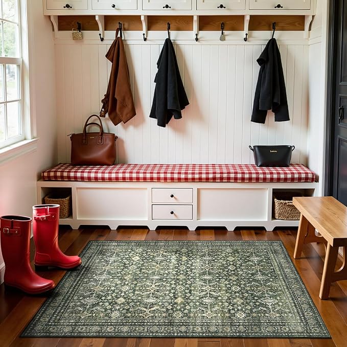 4x6 Area Rugs for Entryway, Green Washable Non-Slip Area Rug for Kitchen | Low Pile Soft Small Rugs, Vintage-Style Carpet for Bathroom Bedroom Tool Room, Stain Resistant Foldable Distressed Rug