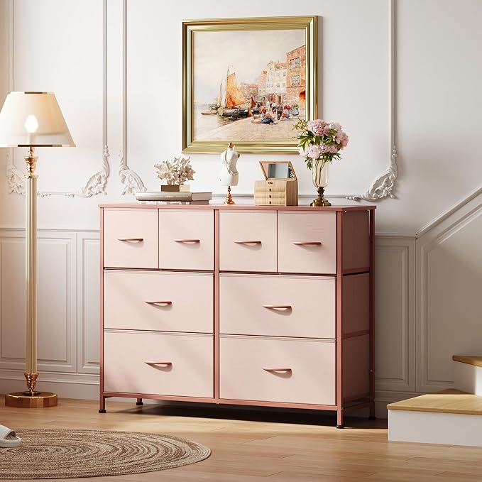 WLIVE Wide Dresser for Bedroom, 8 Drawer Chest of Drawers, Pink | 8 roomy fabric drawers, Wide storage design, Bedroom or closet use, Sturdy steel frame, Smooth wood tabletop
