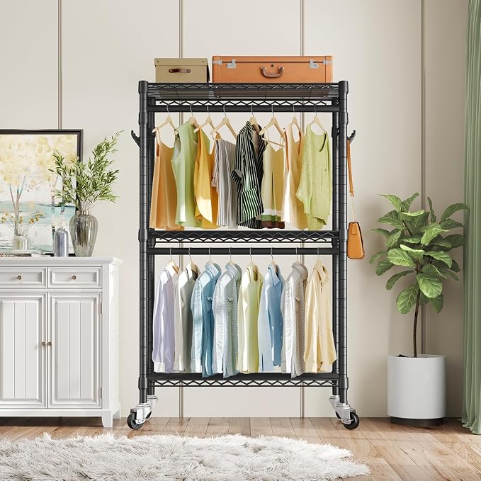 VIPEK R2 Clothes Rack for Hanging Clothes Rolling Clothing Rack Heavy Duty | Lockable Silent Wheels, Double Hanging Rods, Adjustable Wire Shelving/Side Hooks, Load 580lbs Space-Saving for Laundry, Black