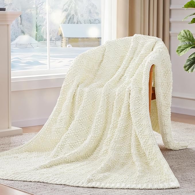 Anysay Knitted Weighted Blanket for Adult, Chunky Knit Throw 40''*60'' 7lbs | Cooling Weighted Blanket for Sleep Breathable Machine Washable Fall Heavy Blanket for Room Decor(Ivory White)