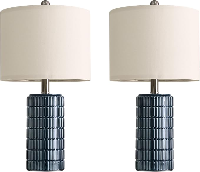 PoKat 20.75" Small Blue Table Lamps, Farmhouse Bedside Lamps for Bedroom Set of 2, Ceramic End Table Lamps for Night Stands Living Room, Modern Nightstand Desk Lamps, Dark Blue