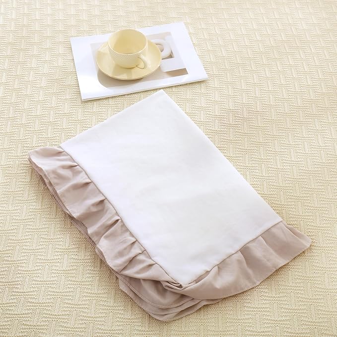 Merryword Beige Pillow Ruffled Shams White and Beige Reversible Standard Pillowcases Cute Pillow Cover Set of 2 Soft Shabby Chic Pillowcases 2 Pack (Queen (20''x30''), White Beige)